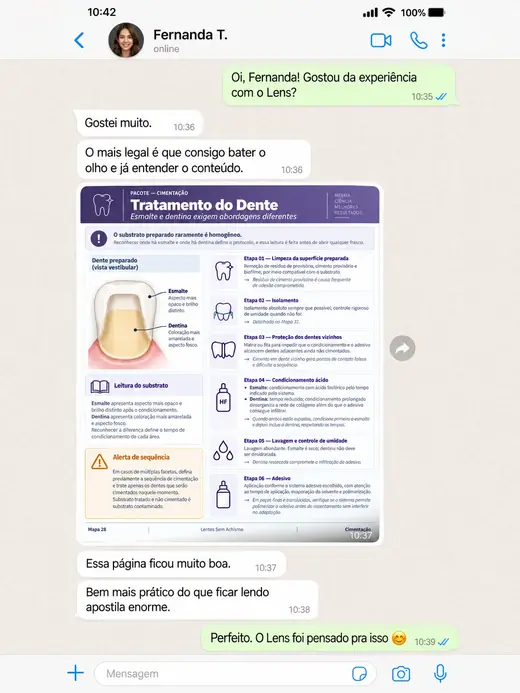 Conversa de WhatsApp com Fernanda T. sobre o material Lentes Sem Achismo