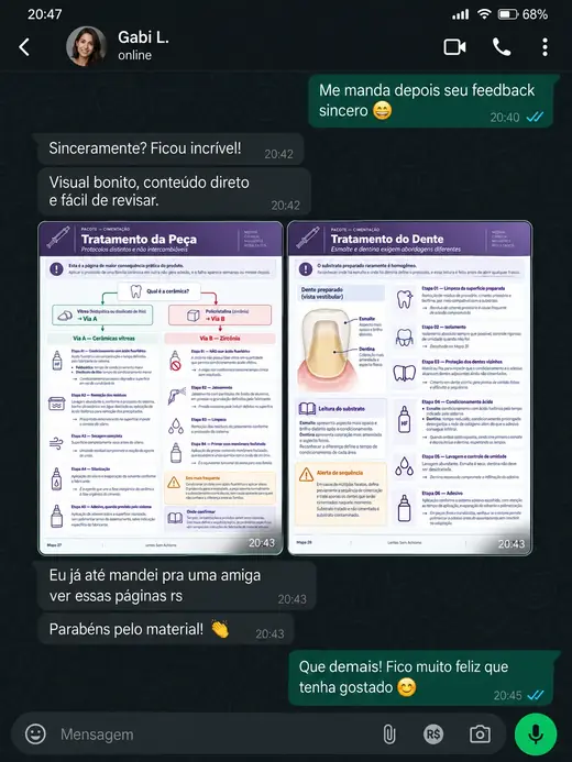 Conversa de WhatsApp com Gabi L. sobre o material Lentes Sem Achismo
